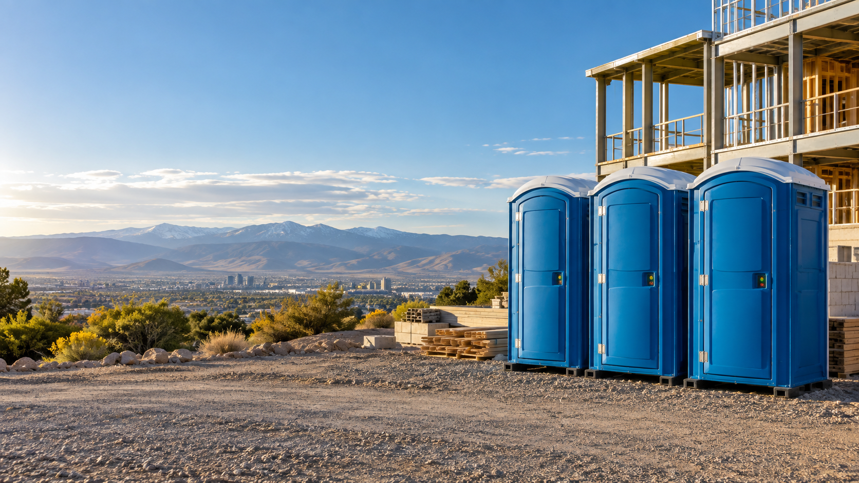 A row of red portable toilets under leafy trees
